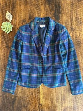 Merona | VTG 2000s Plaid Wool Blend Blazer Jacket Navy Green Red, Size 4